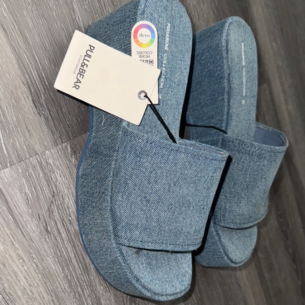 Pull&Bear Denim Blue Platform Slides